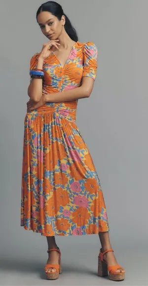 ANTHROPOLOGIE Farm Rio Short Sleeve Ruched Midi Dress Tropical Floral Size M NEW thumbnail 1