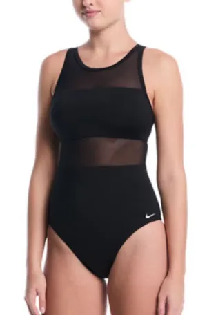 Nike Women's Mesh Inset One-Piece Swimsuit Black Tummy control Sz XL thumbnail 1