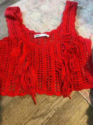 Zara Red Crocheted Fringe Crop Tank Top thumbnail 8