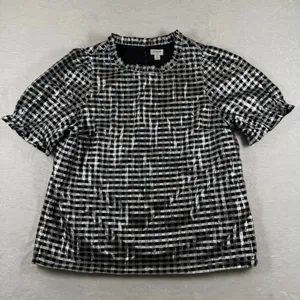 J.‎ Crew Metallic Silver Gingham Ruffle Neck Puff Sleeve Top CF117 Black Womens thumbnail 1