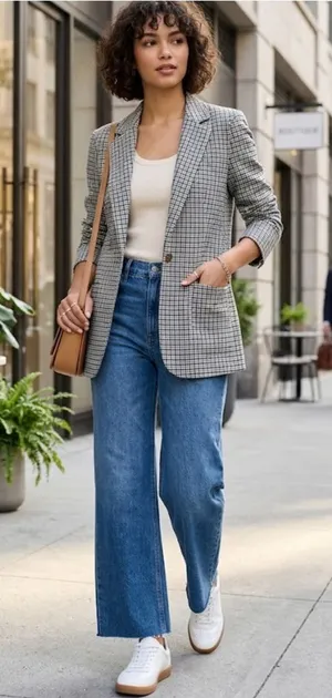 a new day Plaid Single-Button Blazer in Blue and Black. thumbnail 1