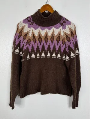 American Eagle Brown Fair Isle Mock Neck Sweater Purple Nordic Knit Small thumbnail 1
