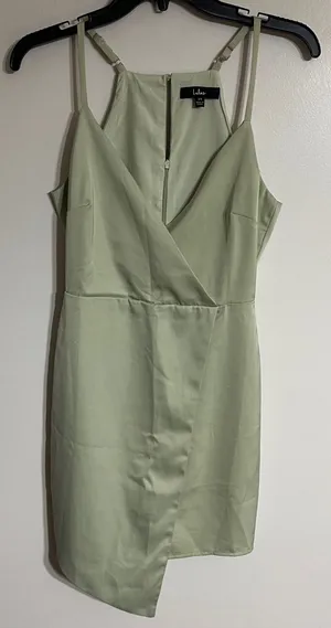 Lulus Sage Green Satin Mini Dress Halter‎ Neck Asymmetrical Hem Size XS thumbnail 1