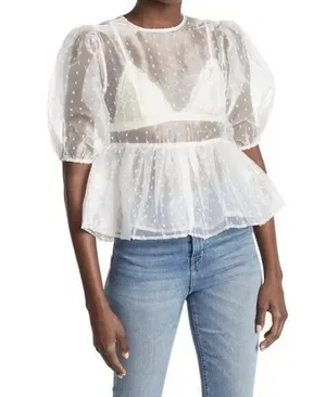 Topshop | NWT | Size 6 | Dobby Dot Organza Puff Sleeve Sheer Blouse | Retail $58 thumbnail 1