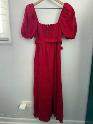 Reformation 4 NEW Tien Linen Dress Cherry Red Fitted Waist Puffy Holiday Belted thumbnail 5
