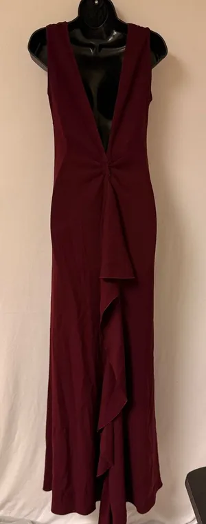 Elie Tahari Burgundy Deep-V Ruffle Evening Gown thumbnail 1