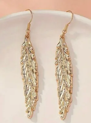 Gorgeous 14K Gold Plated Feather Shaped Dangle Earrings thumbnail 1