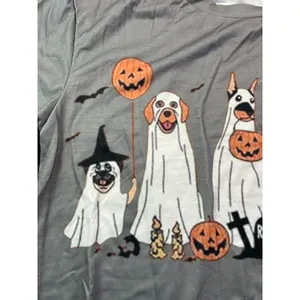 Gray Halloween Ghost Dogs Graphic T-Shirt Short Sleeve Womens Medium Gray Casual thumbnail 3