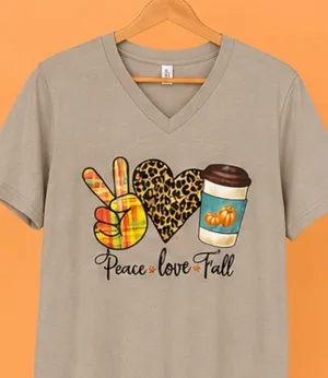 Bella Canvas Taupe V-Neck Peace Love Fall Women’s DTF Graphic Tee size LARGE thumbnail 1
