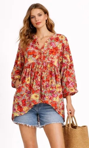 VICI Red Floral‎ Babydoll Top Medium 3/4 Balloon Sleeve Empire Waist Size M thumbnail 1