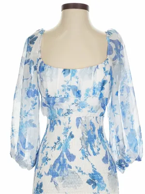 Hello Molly Calendar Girl Blue Floral Shirred Mini Dress Size Small Coquette thumbnail 3