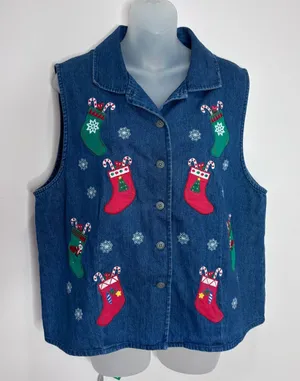 Westbound vintage Denim Holiday Vest Blue Red Green Stockings 90s large thumbnail 1