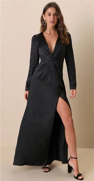 Lulus NWT Endearing Elegance Black Satin Long Sleeve Plunge Maxi Dress Size XS thumbnail 1