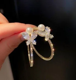 Women's Crystal Butterfly Pearl Half Hoop Earrings thumbnail 1