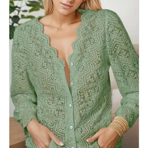 NEW Light Green Lace Tops Blouse Puff Long Sleeve V Neck Button Down M thumbnail 9