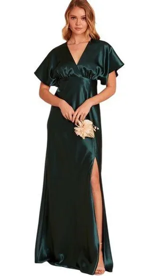 NWT Birdy Grey Jesse Kimono Satin Emerald Bridesmaid Maxi Dress Women Small thumbnail 1