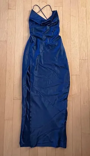 Princess Polly Analea navy blue satin cowl neck maxi dress with slit and open back thumbnail 2