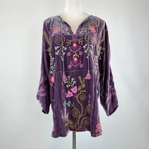 NWOT Johnny Was Silk Blend Velvet Floral Embroidered Tunic Blouse Purple Size XL thumbnail 3
