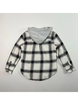 American Eagle Hooded Plaid Flannel Shirt Jacket Women’s Med Black White thumbnail 2