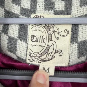 Tulle Geometric Tapestry Coat M Gray Ivory Double Breasted Mod Y2K Retro thumbnail 4