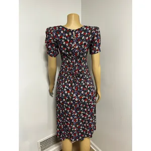 Vintage My Michelle Floral Polka Dot Lace Up Back Midi Dress 90s Black Red Sz 10 thumbnail 4