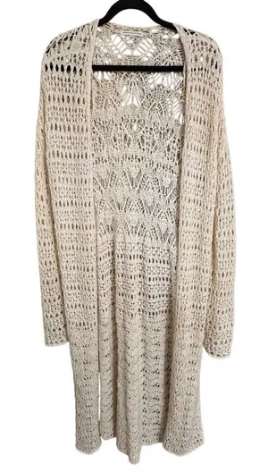 American Eagle Ivory Boho Grunge Knit Crochet Long Cardigan Duster XL thumbnail 1