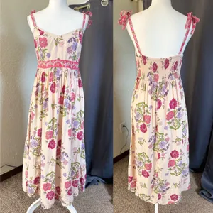 Patrons of Peace Floral Tie Strap Midi Dress Boho Cottagecore Smocked Medium thumbnail 2