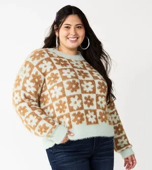 SO Fuzzy Cropped Flower Print Sweater Aqua Brown M thumbnail 1