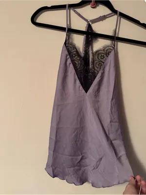 Free People NWT Tank XS Lilac Purple Satin Cami with Black Lace Trim thumbnail 2