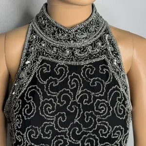 Vintage 1980s Papell Boutique Black Silver Beaded Silk Evening Top Small thumbnail 13