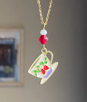 Handmade strawberry teacup cottage fairy cute necklace🍓🫖 thumbnail 1