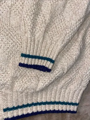 Puritan Cotton Cream Cable Cardigan with Blue Trim and Teal Accents Oversized thumbnail 4