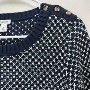 LL Bean Navy Blue White Crew Neck Pullover Cotton Button‎ Detail Sweater MEDIUM thumbnail 5