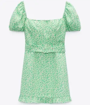 Zara Linen Blend Puff Sleeve Mini Dress in Light Green Floral Daisy Print Size S thumbnail 1