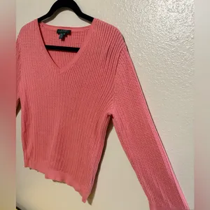 Lauren Ralph Lauren Pink Cotton V-Neck Knit Sweater Women’s Large Preppy thumbnail 4