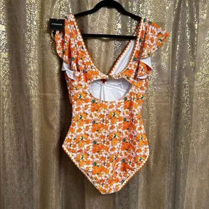 Aidonger‎ Orange Green Floral Ruched One Piece Swimsuit Large NWT thumbnail 2