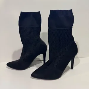 Anne Michelle Black Sock Booties Size 8 Mesh Knit Stiletto Pointed Toe Mid Calf thumbnail 6