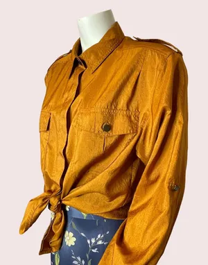 Vintage Copper‎ Blouse Epaulets Button-Up Crinkly Fabric Front Pockets Shirt Top thumbnail 1