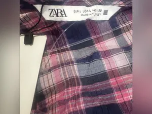 Zara Pink & Navy Plaid V-Neck Smocked Crop Top thumbnail 4