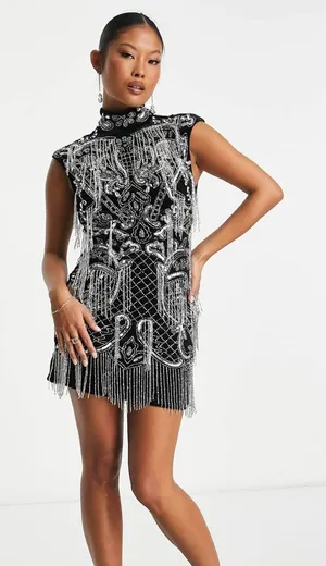 ASOS petite design High neck all over embellished mini dress in black size 6 thumbnail 1