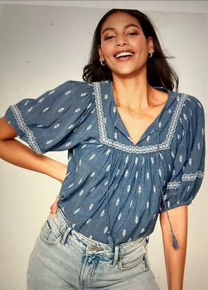 Old Navy Blue Embroidered Poet Peasant Blouse thumbnail 1