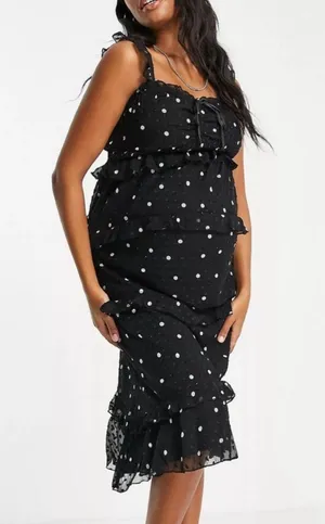 ASOS Design Maternity Black Tiered Midi Dress w/ Ruffle Detail & Ruched Bodice thumbnail 2