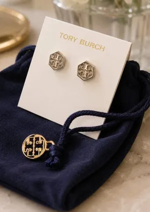 Tory Burch Gold Logo Stud Earrings Hexagon Emblem NWT thumbnail 1