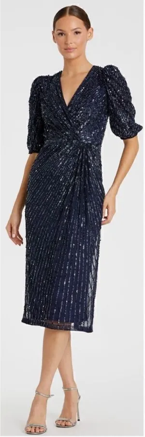 Mac Duggal 5578 Womens Sequined V Neck Short Puff Sleeve Midi Dress thumbnail 1