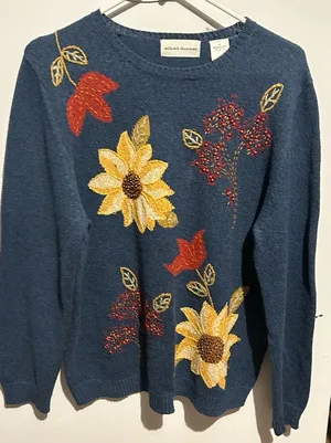 Vtg Alfred dunner Womens Navy Blue Autumn Sunflower Pullover Sweater cotton M thumbnail 1