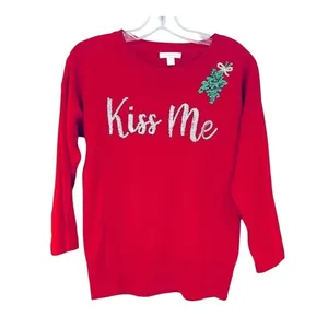 NY&Co Kiss Me Ugly Christmas Sweater Women‎ XS Red Holiday Sequin Mistletoe Glam thumbnail 2