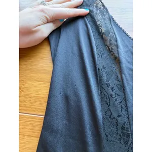 Vintage 70s Black Satin Lace Insert Plunge Sleeveless Maxi Slip Gown Whimsygoth thumbnail 2