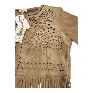 Easel Los Angeles Suede Like Jacket Boho Fringe Cutout Embellished Tan‎ thumbnail 7