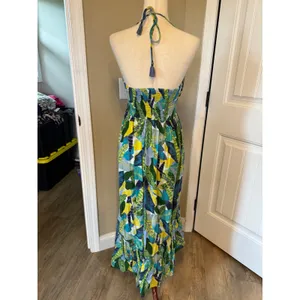 Aerie‎ Tropical Leaf Print Halter Maxi Dress Green Blue Yellow M thumbnail 2