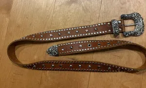 Leather western belt with rhinestones brown sz M 1.5” wide cowgirl thumbnail 1